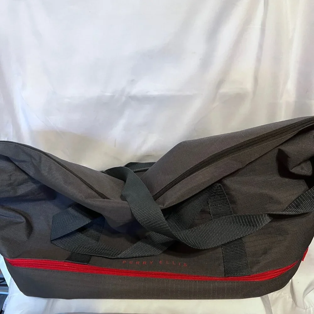 Perry Ellis-Gray& Red Tote/Satchel Travel Bag-Adjustable Shoulder Strap-Zip Bott